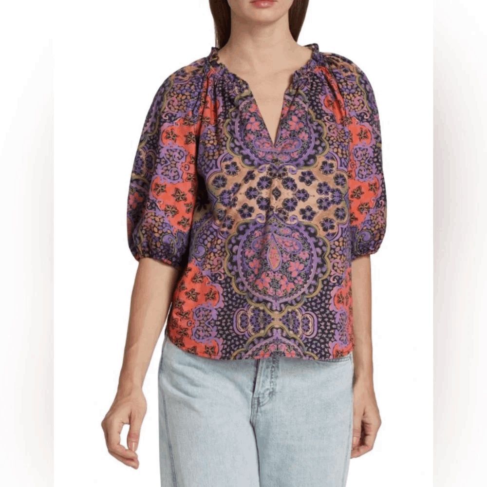 Xirena Black Opal Short Puff Sleeve Jules V-Neck Cotton Blouse Women's Size XL